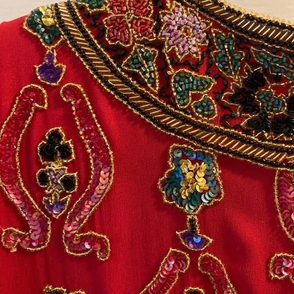 RARE! Exquisite Heavily Beaded Red SILK Dress Jacket, Niteline - Picture 8 of 10